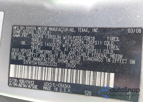 2008 Toyota Tundra Sr5 4.7L V8 из США, поврежденный, VIN 5TFRT54108X023232